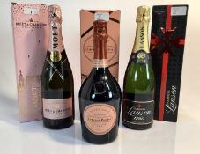Champagne - three bottles, Laurent-Perrier Rose, Moët Rose, Lanson Black Label, each boxed