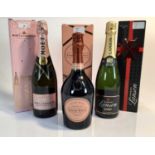 Champagne - three bottles, Laurent-Perrier Rose, Moët Rose, Lanson Black Label, each boxed