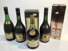 Cognac - five bottles, Salignac Napoleon, Martell and three other bottles