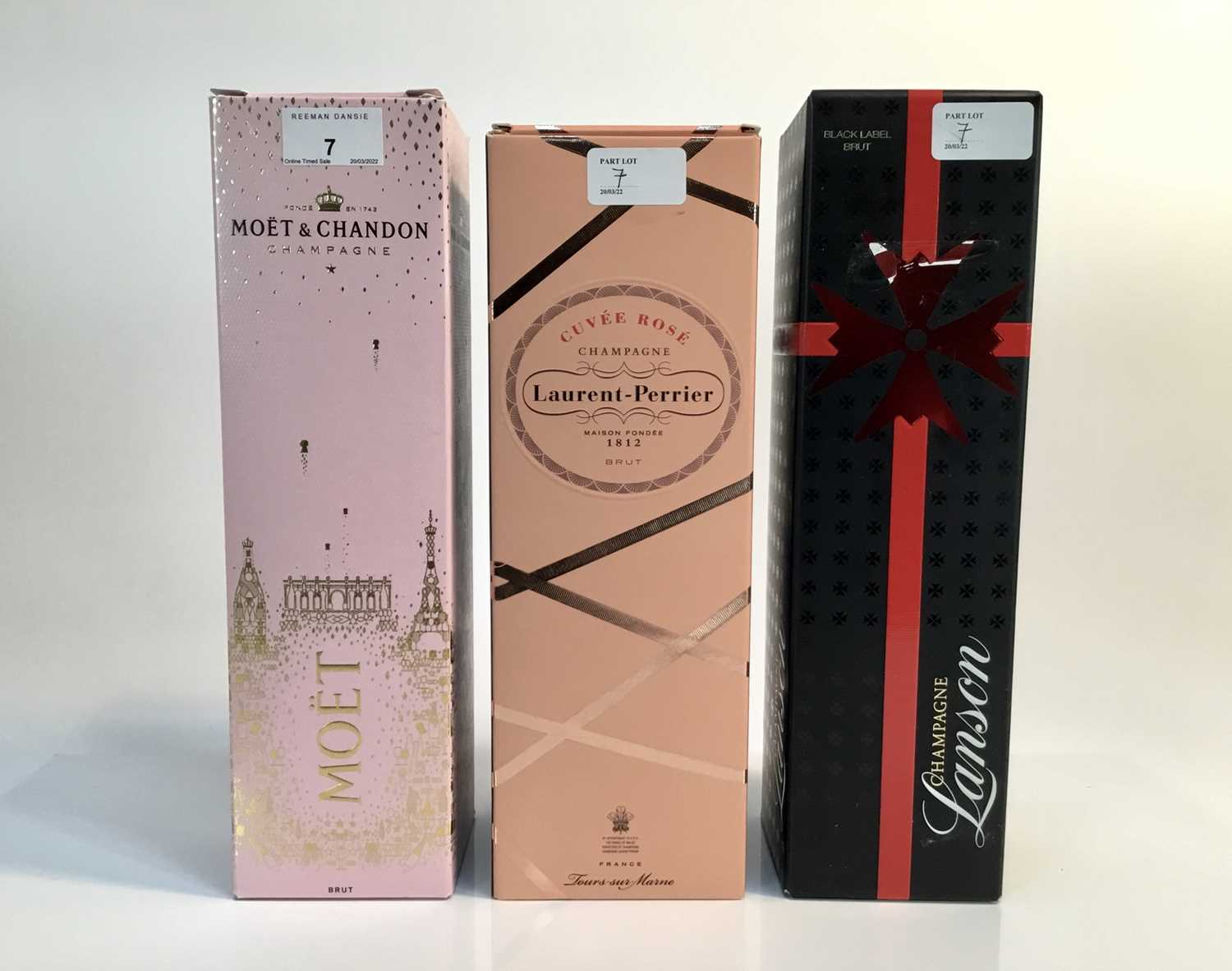 Champagne - three bottles, Laurent-Perrier Rose, Moët Rose, Lanson Black Label, each boxed - Image 6 of 6