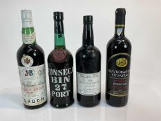 Four bottles, Fonseca Bin 27, Russell & McIvor 1986 Crusted Port, JWB Sherry and a bottle of Greek s