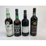 Four bottles, Fonseca Bin 27, Russell & McIvor 1986 Crusted Port, JWB Sherry and a bottle of Greek s