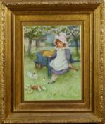 William Affleck (1869-1943) watercolour - Girl and chicks in an orchard, signed, 40 x 30.5cm, glazed