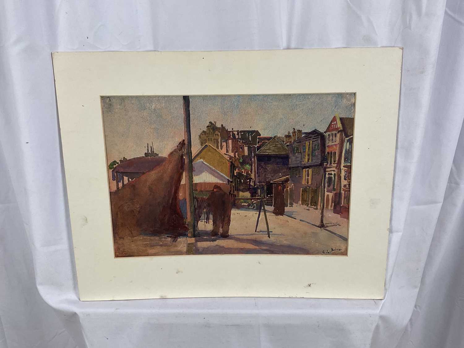 British School watercolour, dressing sails or tanning hides (?), signed indstinctly bottom right - Image 2 of 7