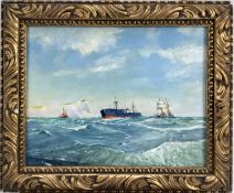 Frederick Harris, oil on canvas board - Shipping off Dover, signed, in gilt frame. 23 x 29cm