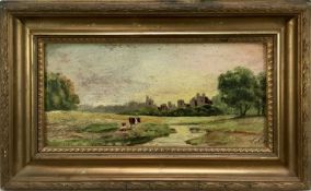 Late Victorian English School oil on board - cattle before a castle, indistinctly inscribed, 35cm x