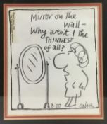 Mel Calman (1931-1994) 1980s pencil cartoon "Mirror on the wall - why aren't I the thinnest of all?"