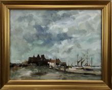 Manner of Edward Seago (1910-1974), oil on canvas - a coastal scene with sailing vessels moored by b