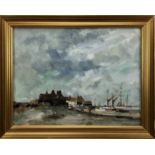 Manner of Edward Seago (1910-1974), oil on canvas - a coastal scene with sailing vessels moored by b