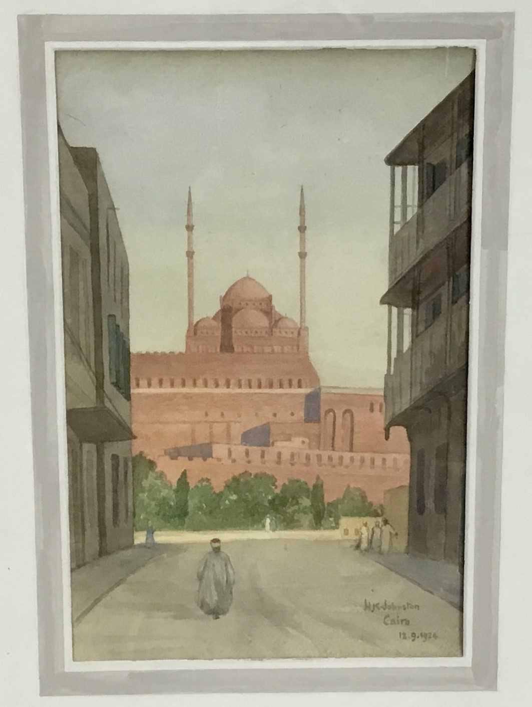 Watercolour of Cairo by H.K Johnston 1924, together with two watercolours of Temples in Egypt by the