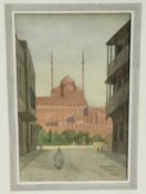 Watercolour of Cairo by H.K Johnston 1924, together with two watercolours of Temples in Egypt by the