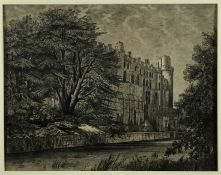 19th century pencil study of a castle, dated 1882 and indistinctly signed, 46cm x 36cm, mounted in