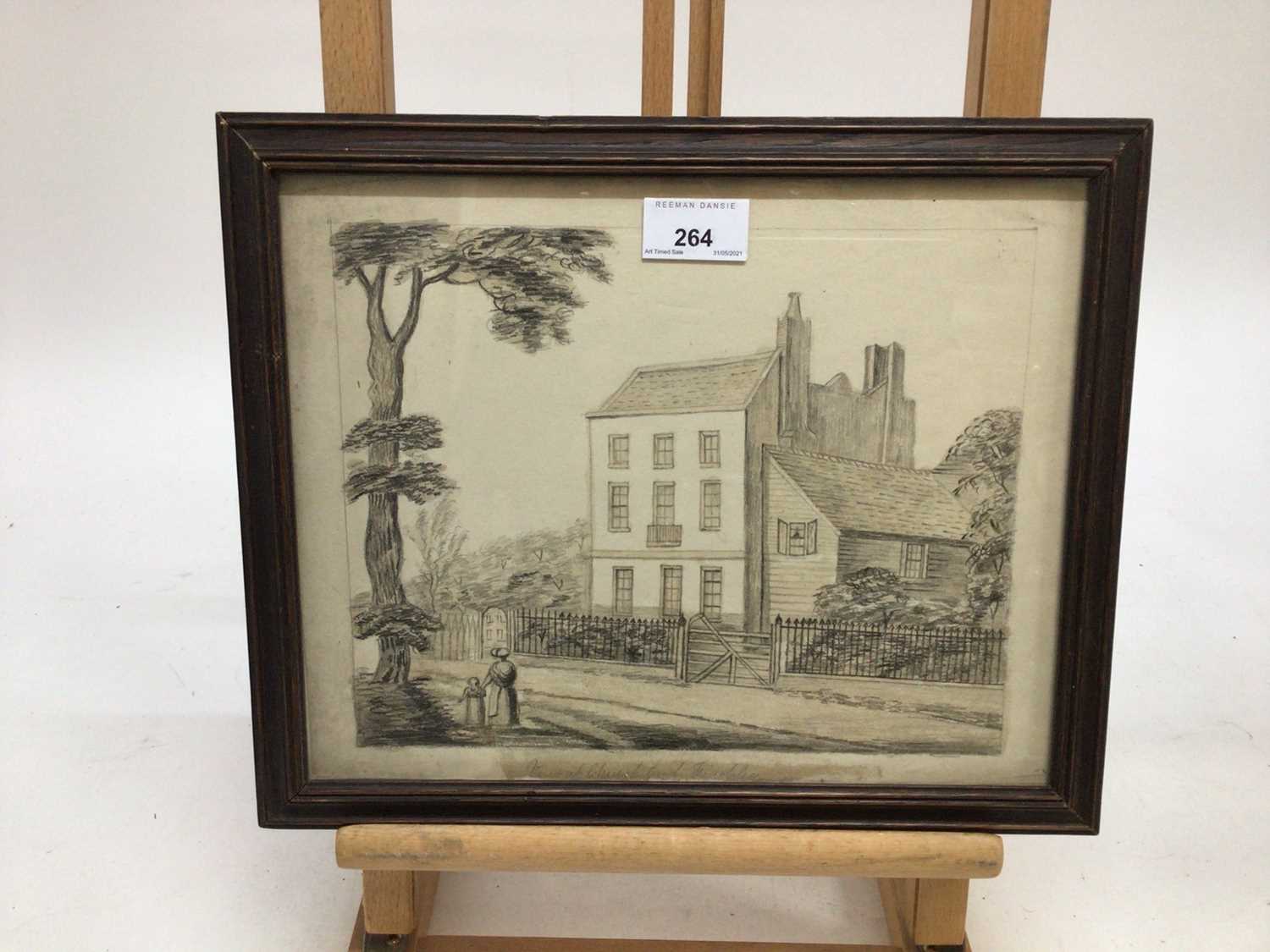 Regency pencil sketch of a house, titled Church End Finchley - Image 2 of 6