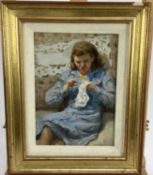 Russian School oil on board - Woman doing embroidery Provenance collection of Roy Miles