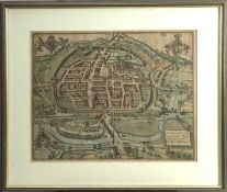 17th century hand coloured engraving- map of Exeter