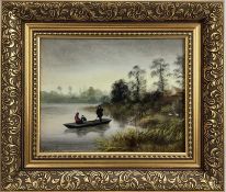 J Swift, oil on board - river landscape with figures in a punt, 20 x 25cm, framed