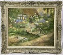 Norman Coker (Contemporary) oil on canvas- Twilight cottage with wooden bridge, 64cm x 54cm