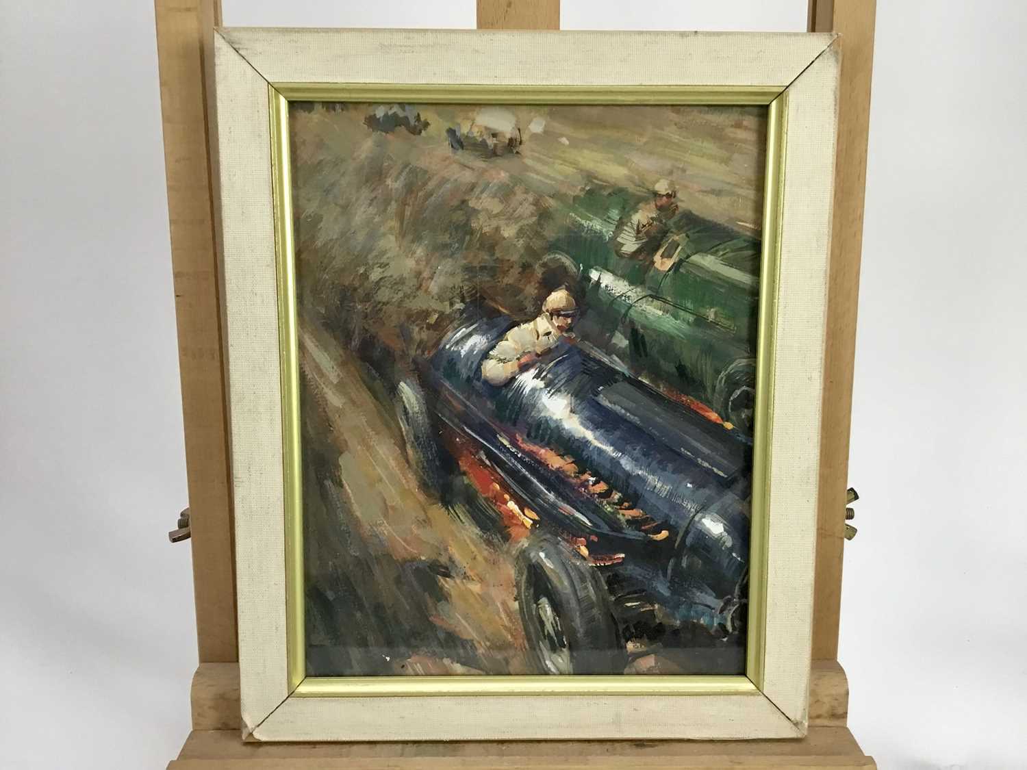 English School mid 20th Century, gouache, A dramatic racing car scene, 23 x 18cm in glazed frame - Image 4 of 4