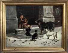 J Lockyer, 19th century, oil on board - A young busker holding a monkey with dogs watching, signed,