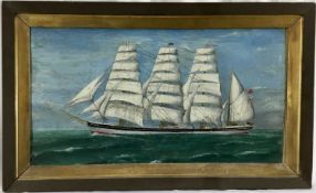 Late 19th century oil on board -a four masted vessel at sea, 53.5cm x 28.5cm, framed