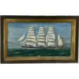 Late 19th century oil on board -a four masted vessel at sea, 53.5cm x 28.5cm, framed