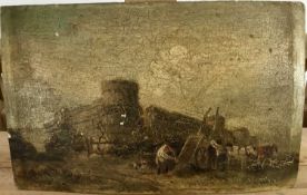 Mid 19th century, East Anglian School, oil on board - figure unloading a cart before ruins, 13cm x 2