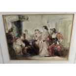 Henry Liverseege (1803-1832) watercolour - figures in an interior, 17cm x 14cm in glazed frame