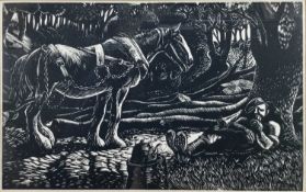 20th century English School woodblock print of a farmer at rest with Shire Horse, 16cm x 10cm in gla