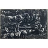 20th century English School woodblock print of a farmer at rest with Shire Horse, 16cm x 10cm in gla