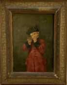Late 19th century oil on board - a Chelsea pensioner piper, signed Harlowe '97, 17cm x 24cm, in gilt