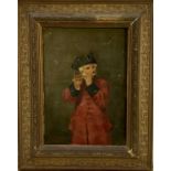 Late 19th century oil on board - a Chelsea pensioner piper, signed Harlowe '97, 17cm x 24cm, in gilt