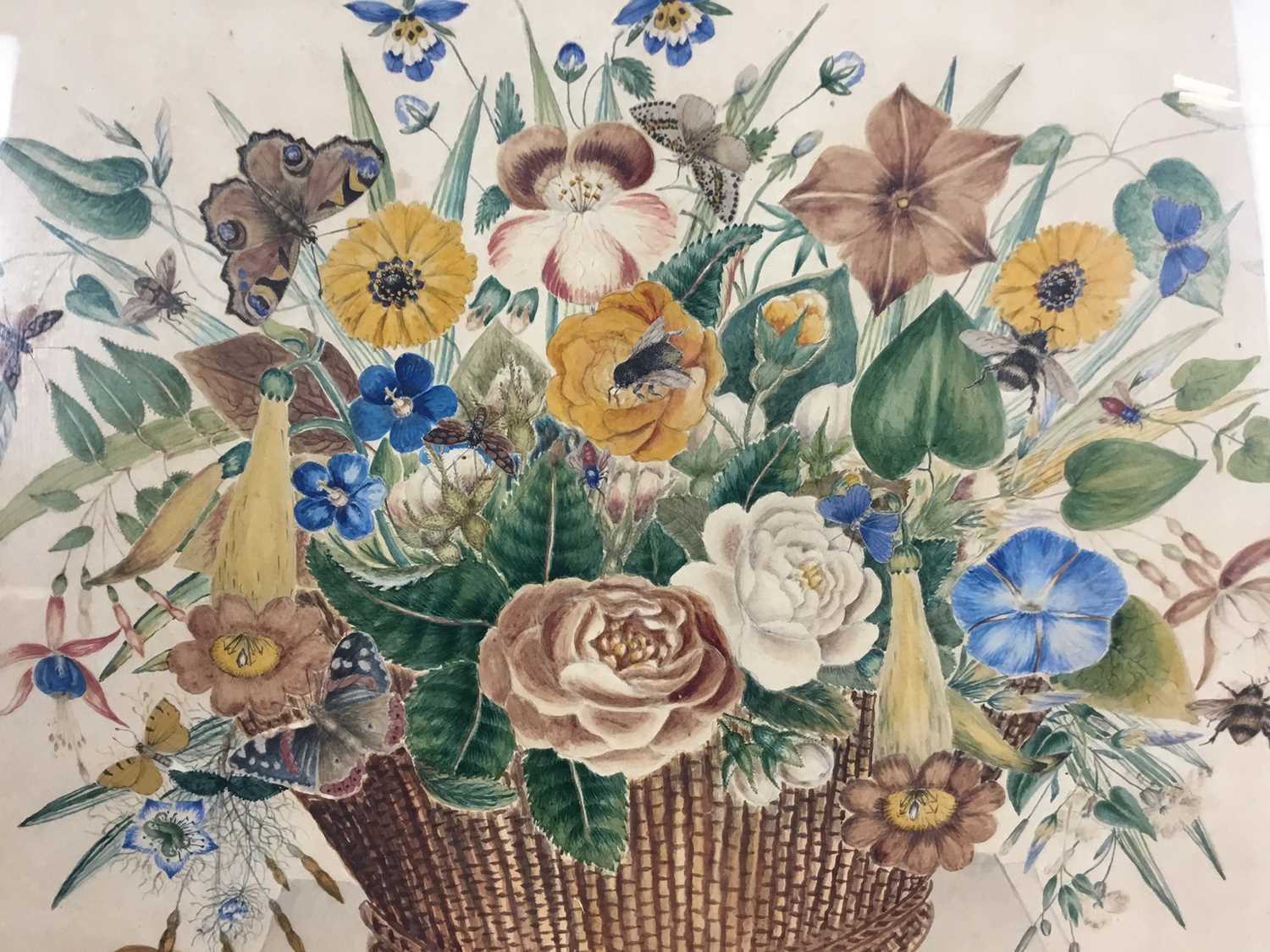 19th century watercolour of basket of flowers, 43cm x 47cm - Image 5 of 5