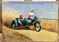 D Turini, oil on canvas laid onto board, motorbike and sidecar