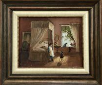 Deborah Jones (1921-2012), oil on board - bedroom scene with children and cats by a four poster bed,