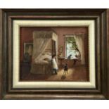 Deborah Jones (1921-2012), oil on board - bedroom scene with children and cats by a four poster bed,