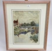 Edward Renard (19th / 20th century) watercolour landscape with bridge