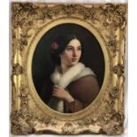 Victorian English School oil on canvas - oval portrait of a pretty young lady, 41cm x 50cm, in gilt