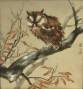 Japanese painting on silk, owl on a branch, 40cm x 44cm, framed