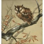 Japanese painting on silk, owl on a branch, 40cm x 44cm, framed