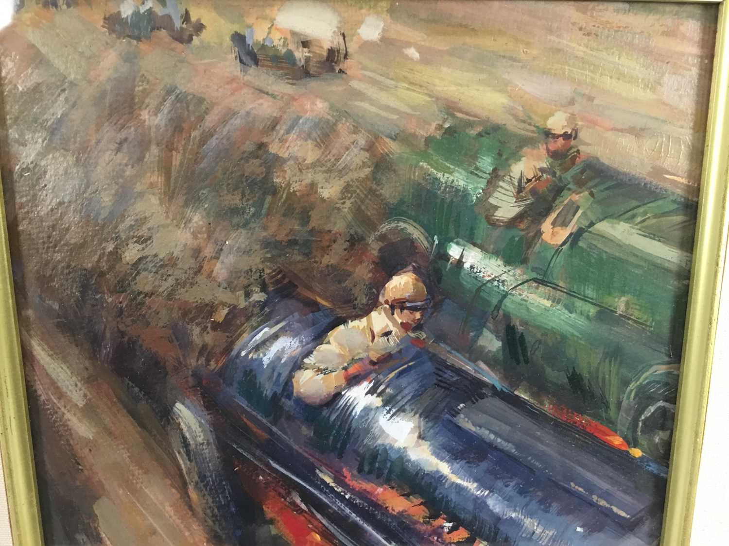 English School mid 20th Century, gouache, A dramatic racing car scene, 23 x 18cm in glazed frame - Image 2 of 4