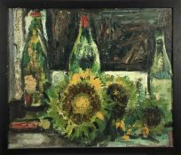 Follower of John Bratby oil on canvas sunflowers and wine bottles