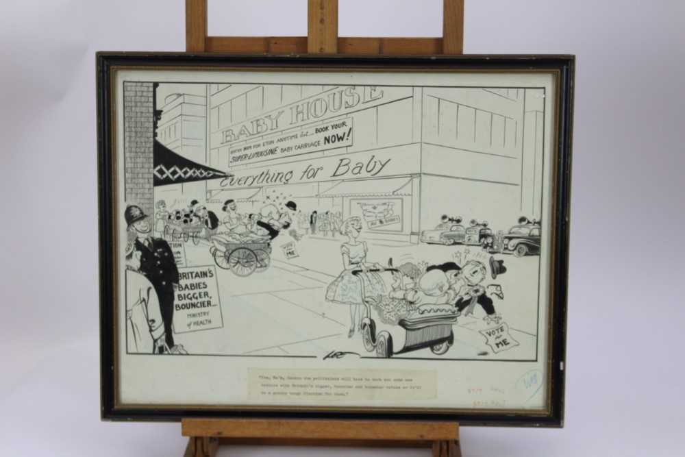 Joseph Lee (1901-1974) pen and ink cartoon - "...Britain's bigger, bouncier and brawnier babies...",