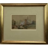Paul Marny (French) signed 19th century watercolour - river scene with bridge and cathedral, 20cm x