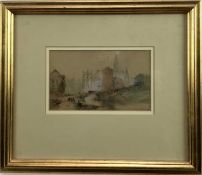 Paul Marny (French) signed 19th century watercolour - river scene with bridge and cathedral, 20cm x