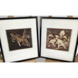 Pair of colour prints of tigers and cubs feeding, 18cm x 17cm in glazed frames (2)