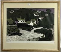 Graham Clarke (b. 1941) linocut print Helford framed