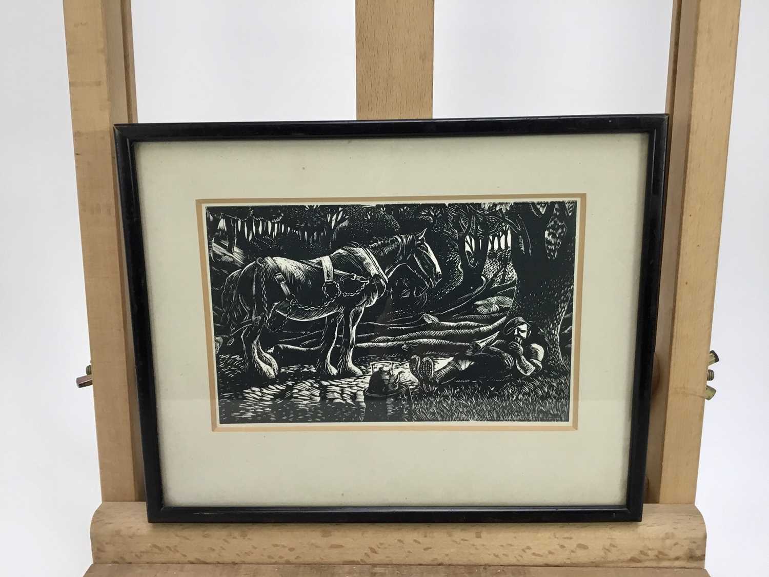 20th century English School woodblock print of a farmer at rest with Shire Horse, 16cm x 10cm in gla - Image 3 of 3