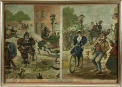 Cycling cartoon circa 1900 - 'Cycling, Two styles of National Dress', 53cm x 37cm in glazed frame