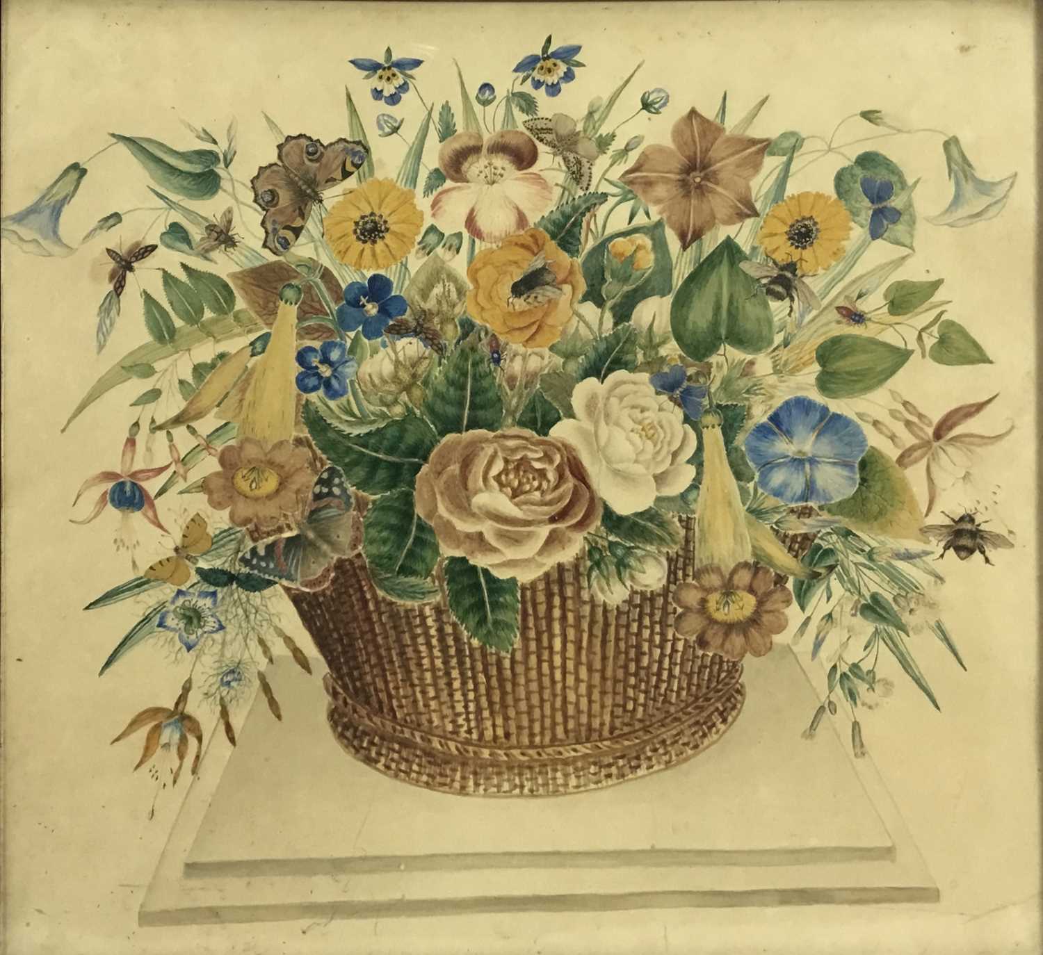 19th century watercolour of basket of flowers, 43cm x 47cm
