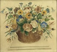 19th century watercolour of basket of flowers, 43cm x 47cm